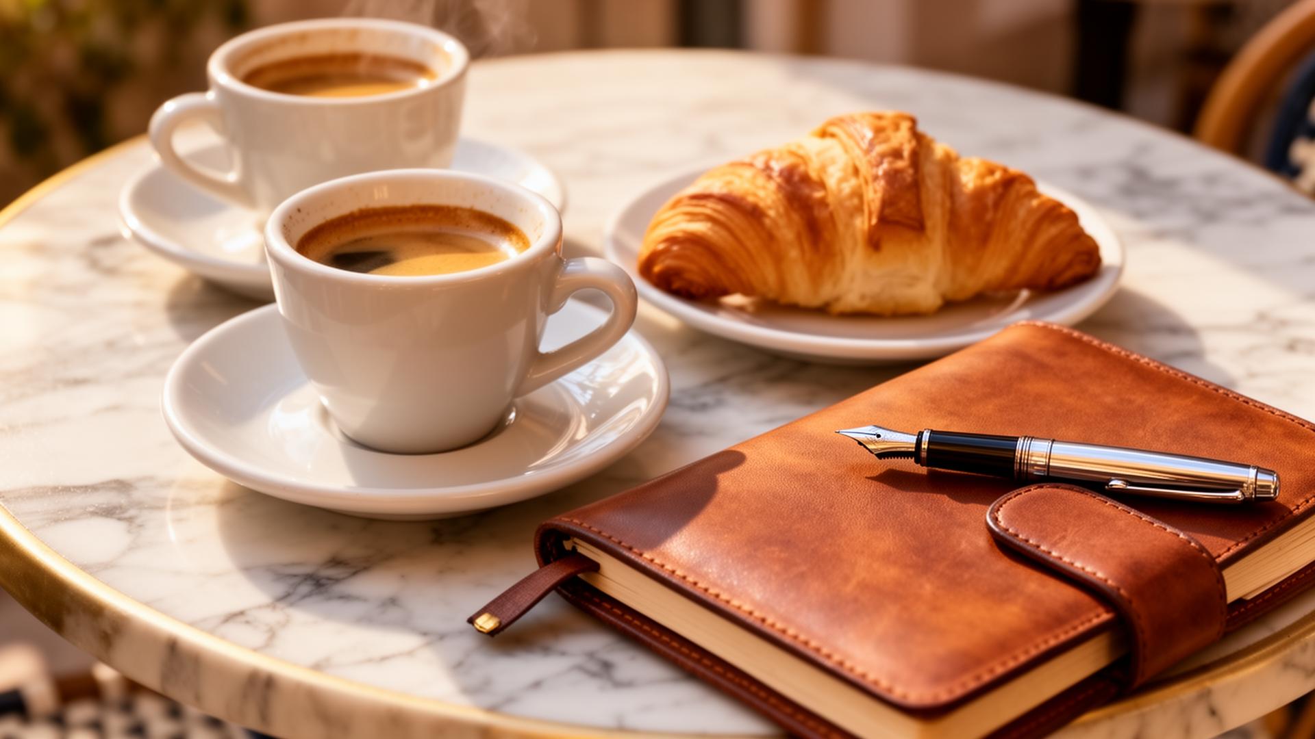 Two espresso cups on a marble café table