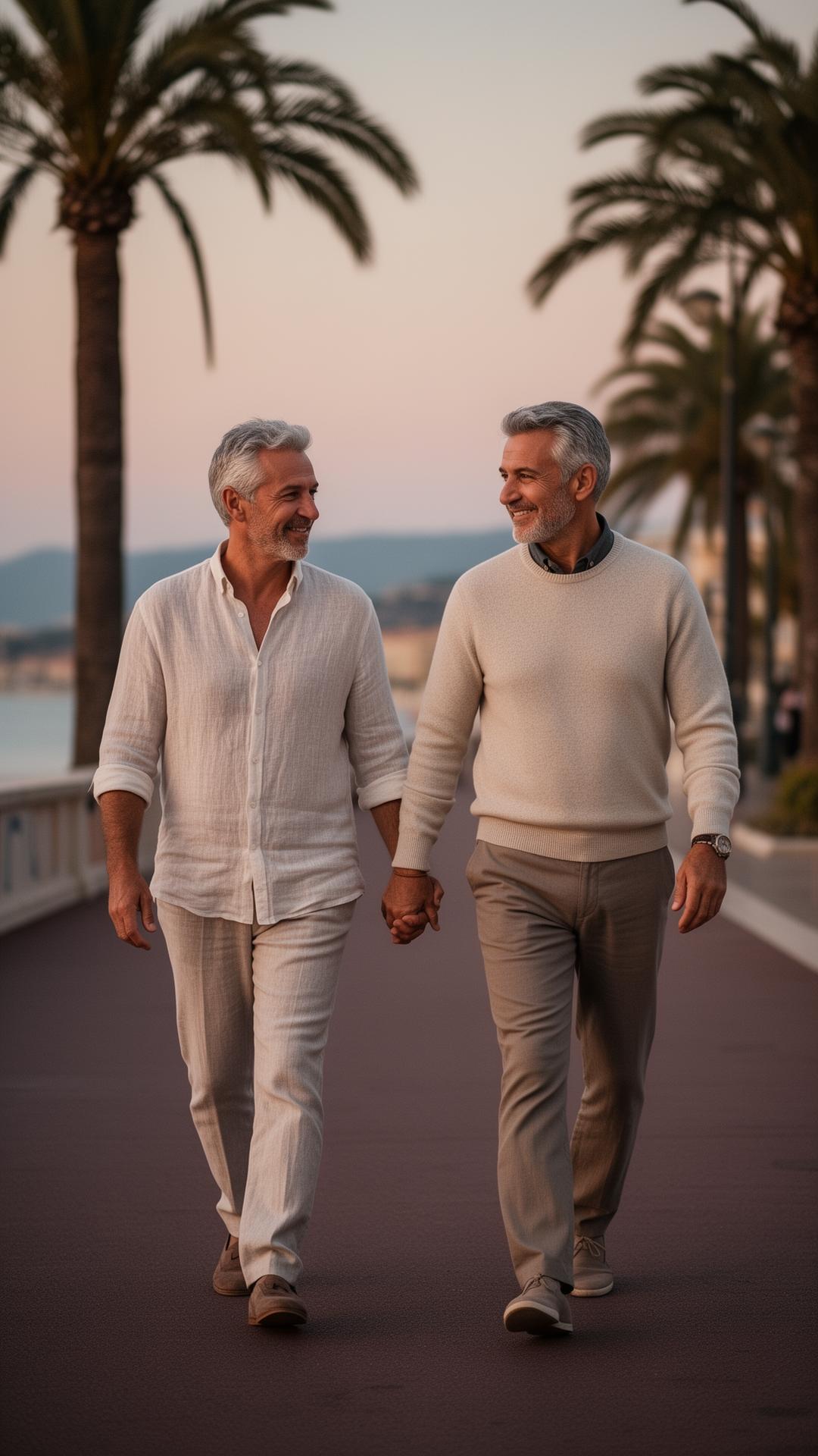 Two men in their fifties holding hands on a Riviera promenade at twilight