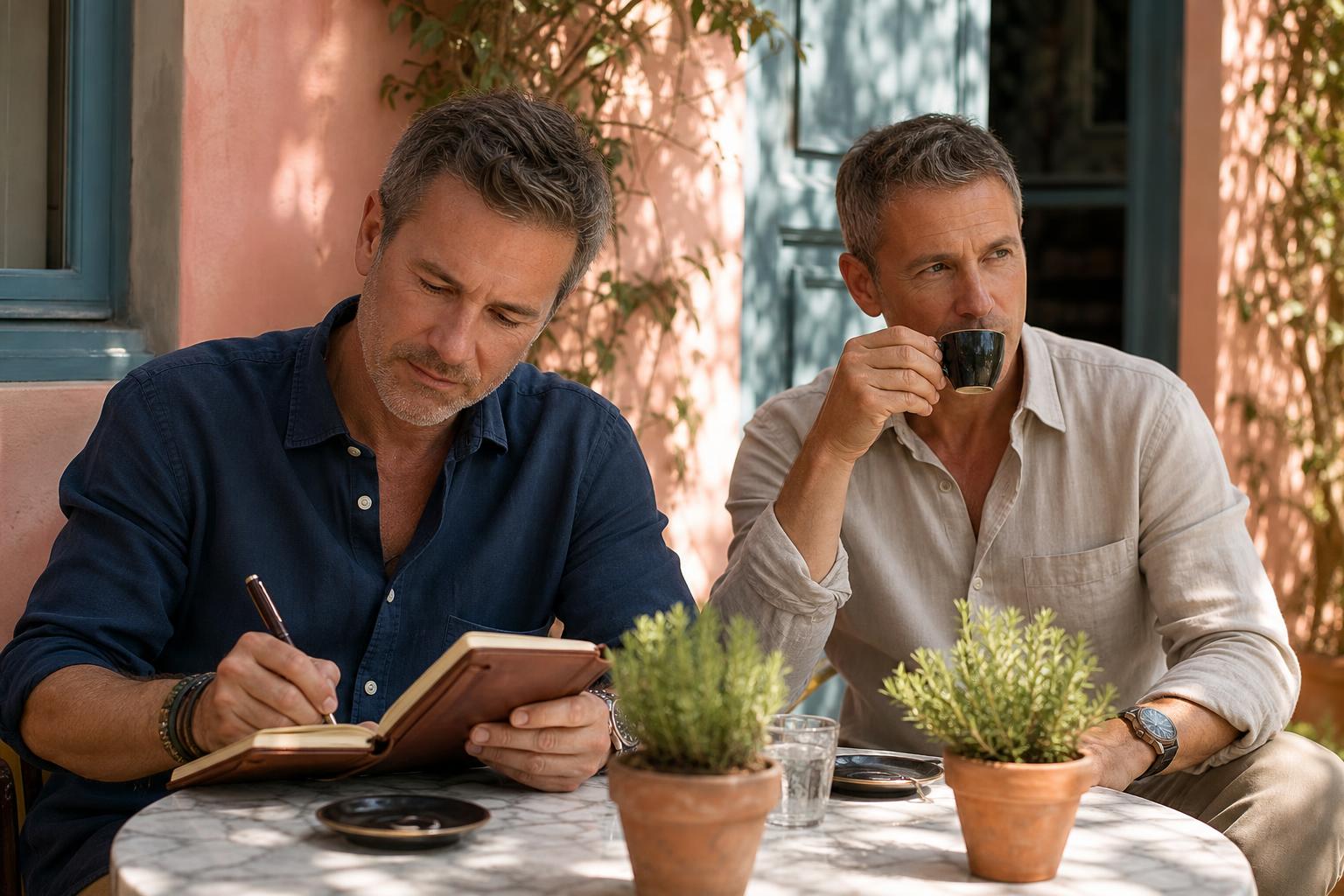 Two men in their fifties writing letters at a sunlit café table