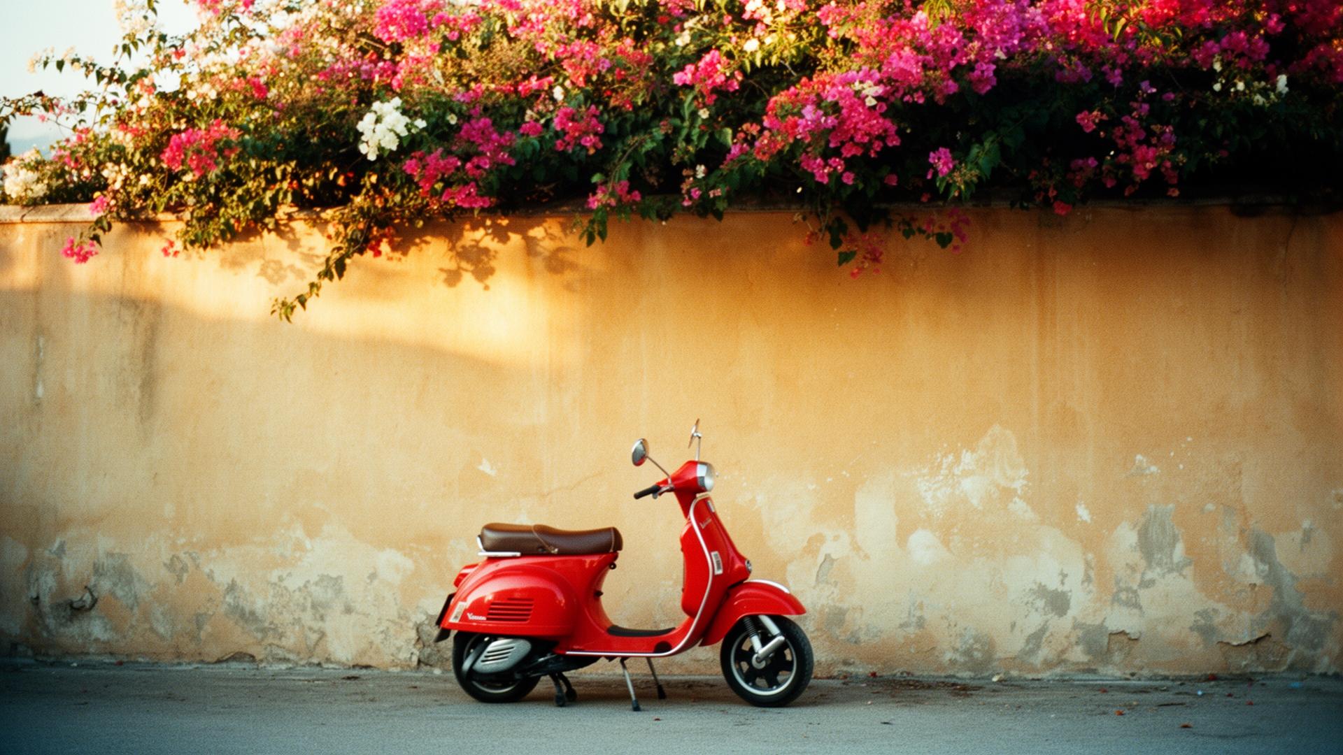 A red Vespa parked beneath bougainvillea against a sun-faded ochre wall, Côte d'Azur.
